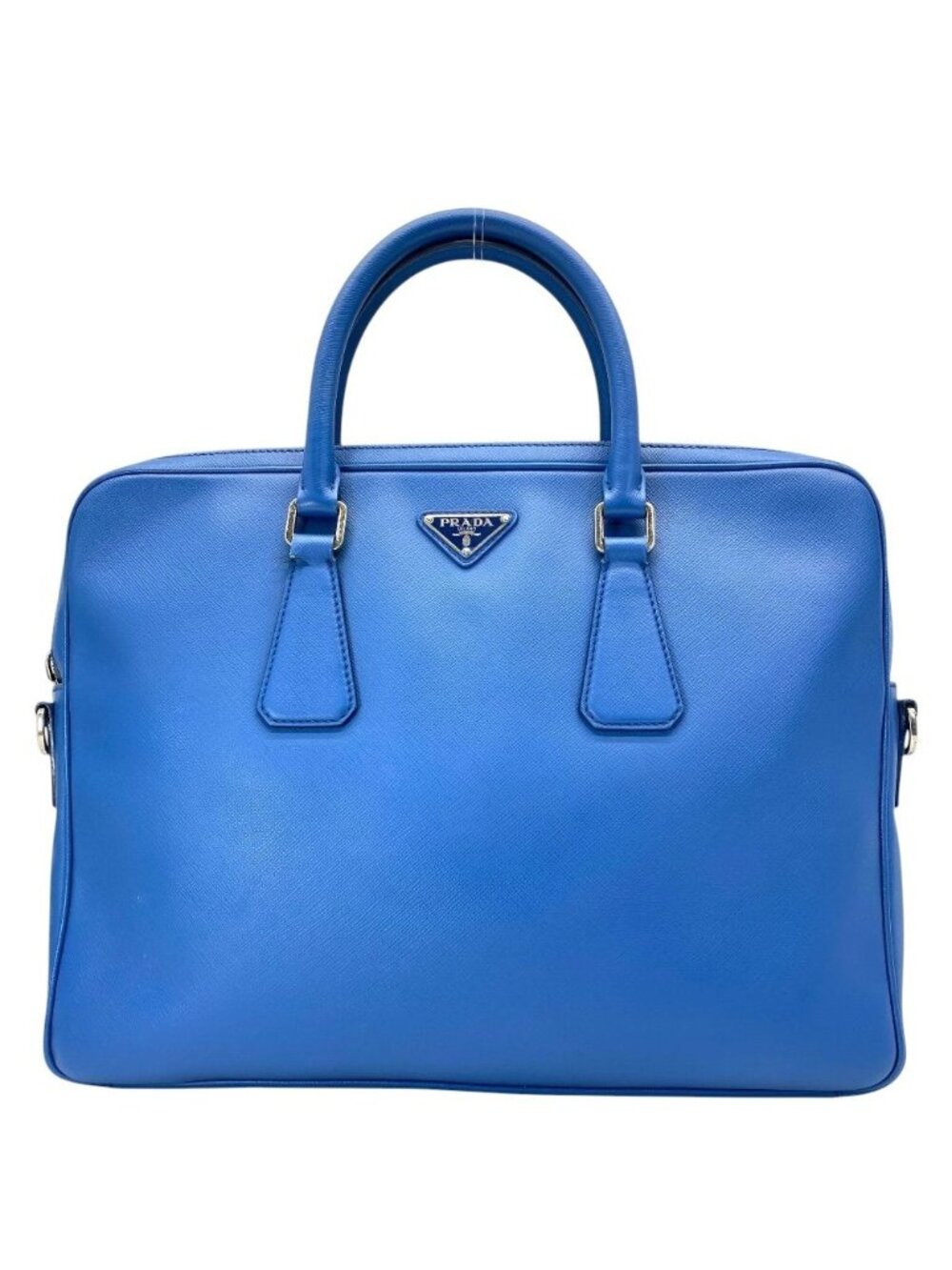 Prada Business Briefcase Handbag Triangle Logo Saffiano Leather Blue Document